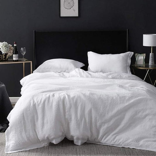 Simple&Opulence 100% Linen Duvet Cover Set with Embroidery Border Washed - 3 Pieces (1 Duvet Cover with 2 Pillow Shams) with Button Closure Soft Breathable Farmhouse - White, Full Size
