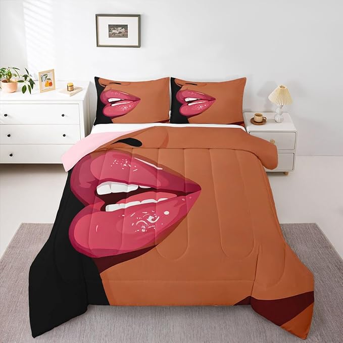 Erosebridal Black Girls Pink Bedding Set for Kids African Black Women King Comforter Set Vogue Fashion Gorgeous Duvet Insert for Girls Women Teens Minimalist Romantic Makeup Quilt with 2 Pillow Cases