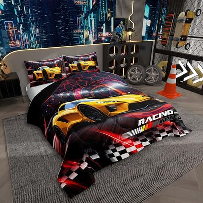 Toddler Race Car Bed for Boys,Red Black Honeycomb Toddler Size Bedding Set Racing Speed Sports Racing Car Comforter Set,Black And White Grid Buffalo Plaid Lattice Quilt Geometric Hexagon Room Decor