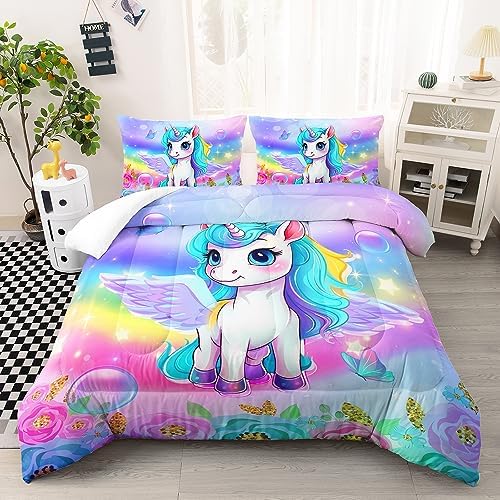 Kid Unicorn Comforter Set Full Size 3Pcs Butterfly Rainbow Flower Star Pattern Quilt Bedding Set for Boys Girls with 1 Comforter and 2 Pillowcases