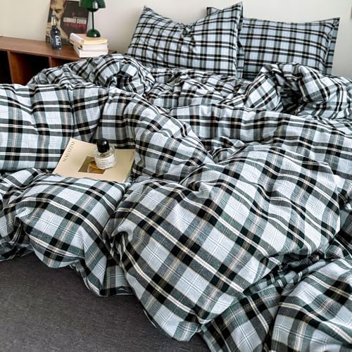 LifeTB Queen Comforter Set Grey Black Plaid Comforter Set, 3 Pieces Vintage Checkered Pattern Grid Comforter with 2 Pillowcases, Fluffy Soft Farmhouse Plaid Bedding Gingham Comforter Set Queen