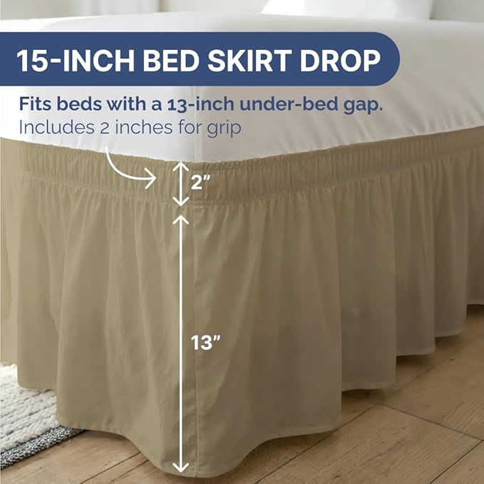 Wrap Around Dust Ruffle Bed Skirt - Khaki - for Queen Size Beds w/ 15 Inch Drop - Easy Fit Elastic Strap - Adjustable Pleated Bedskirt w/Brushed Fabric - Wrinkle Free - for Women, Men, Kids & Teens
