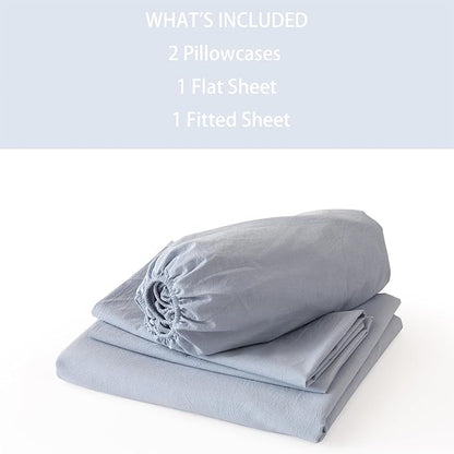 JIYUAN King Size Sheet Set, 4-Piece - 100% Washed Cotton, Linen-Like Soft & Breathable, Includes Deep Pocket Fitted & Flat Sheet with 2 Pillowcases, Hotel Quality, Heathered Light Blue