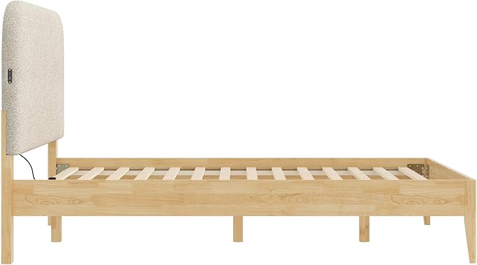 KISLOT Wood Bed Frame with USB & Type-C, Boucle Headboard, Oat, Queen | Platform Bed, Mattress Foundation, No Box Spring Needed, Easy Assembly