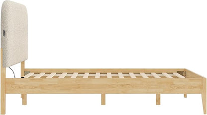 KISLOT Wood Bed Frame with USB & Type-C, Boucle Headboard, Oat, Queen | Platform Bed, Mattress Foundation, No Box Spring Needed, Easy Assembly