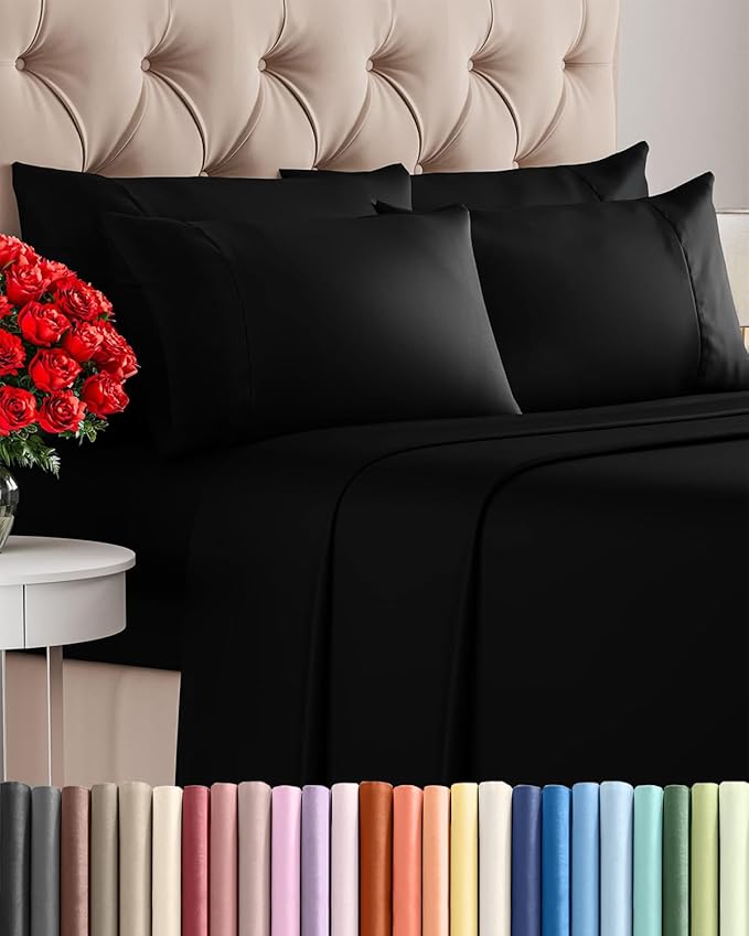 King 6 Piece Sheet Set - Comfy Breathable & Cooling - Ultra Soft Hotel Luxury Bedding Set with 8-16 Inch Deep Pockets - 1 Flat & 1 Fitted Sheet & 4 Pillowcases - Cozy, Wrinkle Free & Easy Care - Black