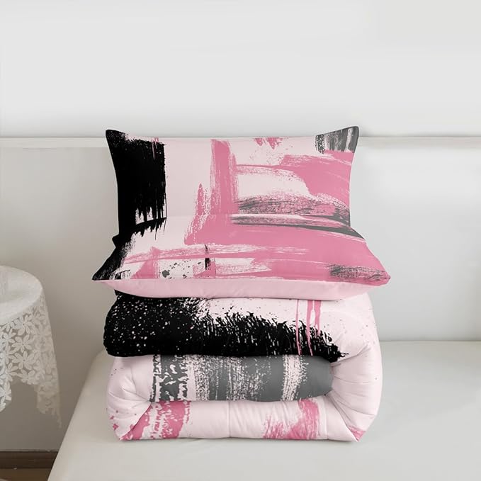 Erosebridal Girls Pink King Comforter Set Girly Abstract Pink and Black Comforter Set for Kids Teens Women Geometric Modern Bedding Sets Minimalists Striped Art Bed Sets for Adults Boys Men