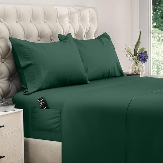 DREAMCARE King Size Sheets Set - Cooling Bed Sheets - 4pcs Set - up to 15" Deep Pocket King Sheet Set – Soft & Long Lasting Cooling - 100% Fine Brushed Microfiber with Side Pocket - Emerald Green