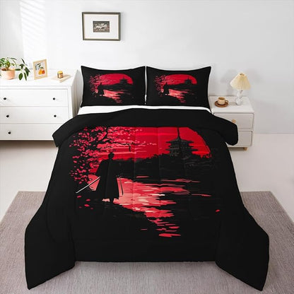 Erosebridal Samurai Comforter Set, Sunset Bedding Set, Japanese Samurai Warm Soft Down Comforter, Scenery Silhouette Bedroom Decor 3Pcs Duvet Set for Men Boys Teens, Queen Size