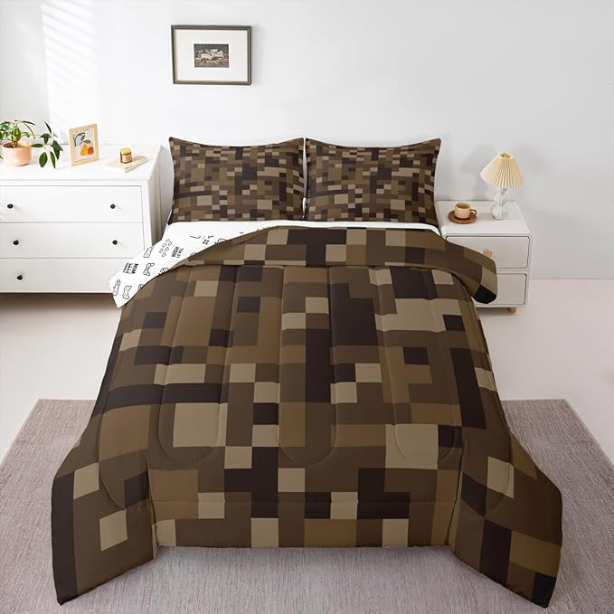 Pixelated Comforter Set Full Size,Grid Army Camo Pixel Games Kids Bedding Set,Cartoon Gamepad Video Games Quilt Comforter,Brown Duvet Insert,2 Pillowcases