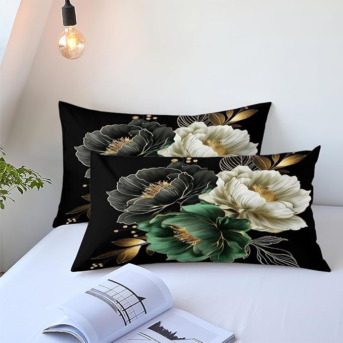 Floral Comforter Set Full 3Pcs Black and Green Retro Flower Bedding Set Vintage Aesthetic Elegant Botanical Flowers Bedding Ultra Soft Lightweight Comforter Sets for All Season