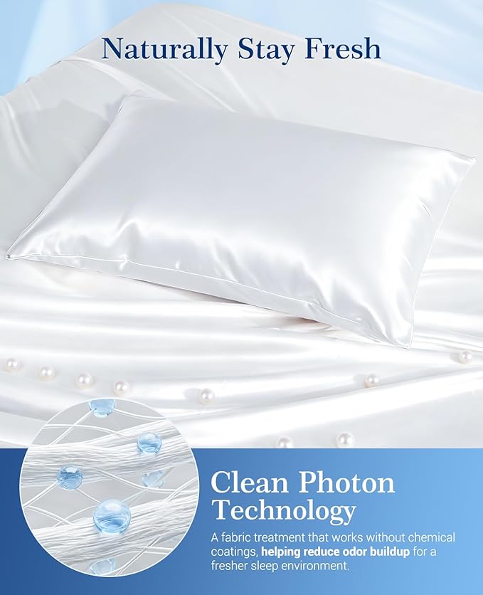 Elegear Cooling Pillow Cases for Hot Sleepers, Upgraded Arc-Chill Cooling Satin Pillowcases Q-max>0.5, Similar to Silk Pillow Cases for Hair & Skin, Luxury Zipper Pillowcase Cover Set of 2-Queen,White