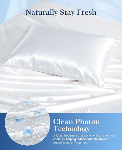 Elegear Cooling Pillow Cases for Hot Sleepers, Upgraded Arc-Chill Cooling Satin Pillowcases Q-max>0.5, Similar to Silk Pillow Cases for Hair & Skin, Luxury Zipper Pillowcase Cover Set of 2-Queen,White