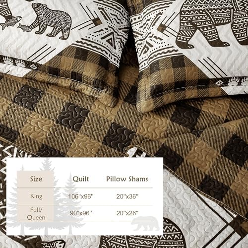 3 Piece Cabin King Size Quilt Sets Farmhouse Rustic Reversible Microfiber Soft Lightweight Bedspread Comforter with 2 Shams Patchwork Country Lodge Bedding Quilts Set for All Season, 106''x96'', Brown