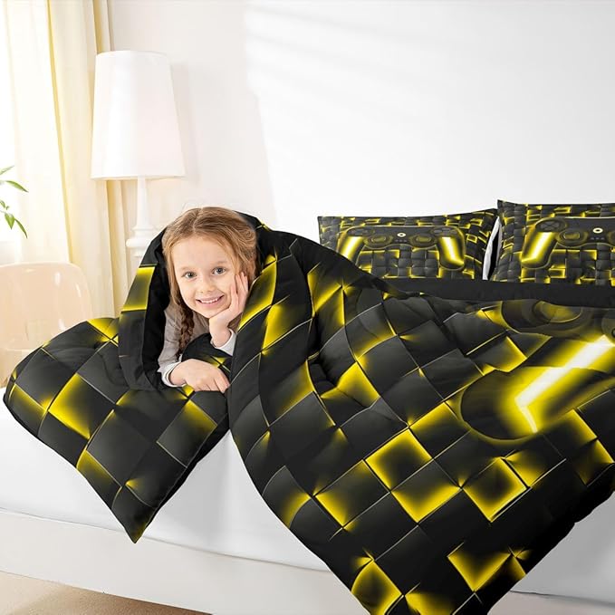 Erosebridal Geometric Gamepad Bed Comforter Set Gaming Bedding Sets Gamer Comforter Sets Queen Size for Kids Boys Teen,Black Gold Neon Lights Game Console Quilt Duvet 1 Comforter with 2 Pillow Cases