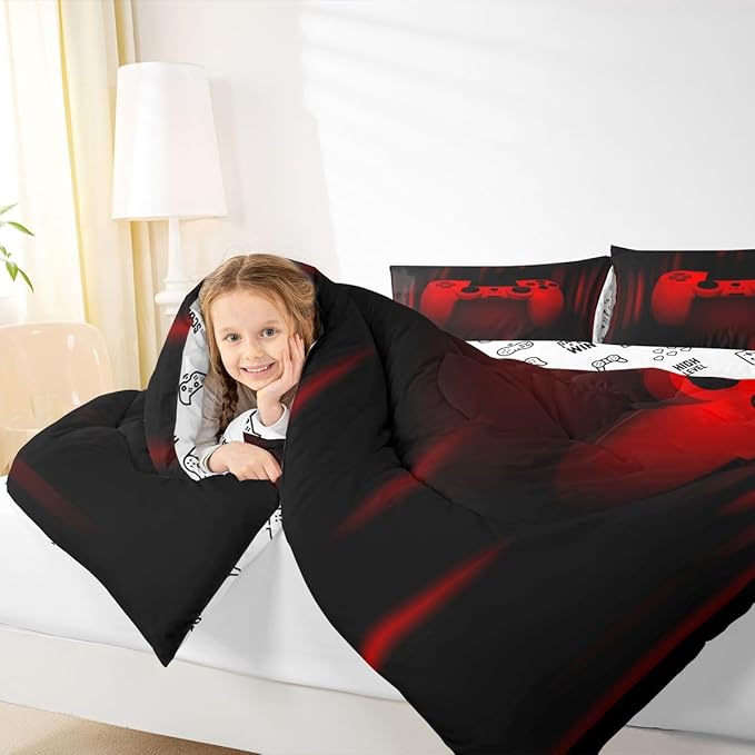 Feelyou Boys Gamer Comforter Set King Size Gaming Bedding Set Kids Video Games Comforter for Teen Child Gamer Room Decor Super Soft Red Black Bed Set Microfiber Game Geometric Duvet Quilted Gamer Gift
