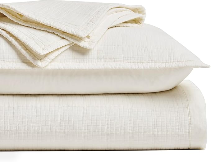EVERGRACEHOME Stonewashed Quilt Set Full Queen Size, Ultra Soft Oversized Bedspread Coverlet Set, Lightweight Crinkle Box Stitch Bedding Sets for All Season, with 2 Shams, Ivory White