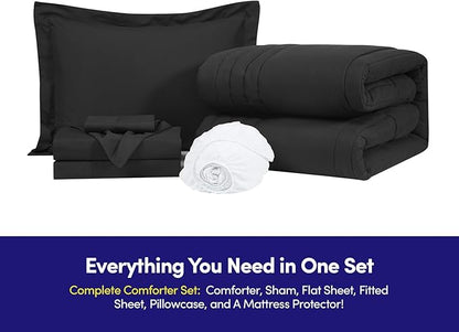 Twin Size Comforter Set Quilted Stripe Bedding Bundle – Comforter, Mattress Protector, Sheets with Pockets on the Side & Built-in Corner Strap – Fitted Sheet Media Pocket for Devices, Black