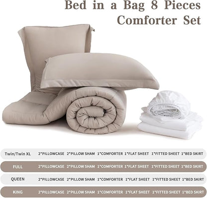 Queen Size Comforter Set - 8-Piece White Luxury Bedding with Reversible Microfiber Lightweight Comforter, Bed Skirt, Flat Sheets, Pillowcases & Pillow Shams
