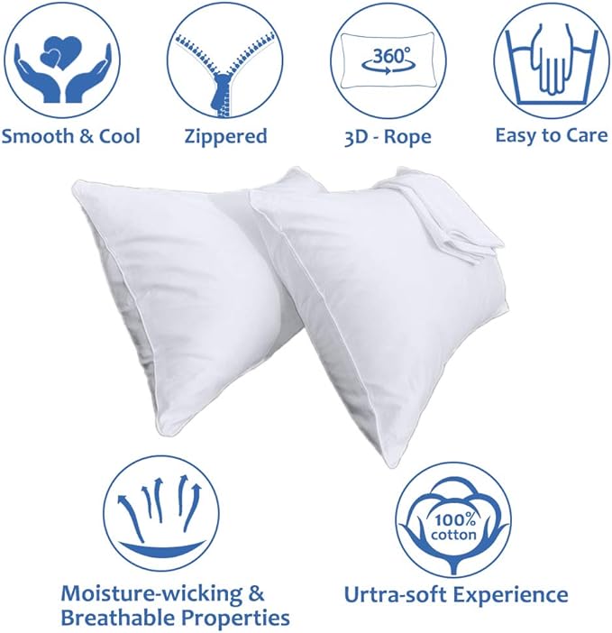 Precoco Pillow Cases Standard Size Set of 2 | 100% Cotton White Pillowcases Standard with 600 Threads | Stable Pillow Covers with Zipper Hidden for Hotel Quality, 20x26