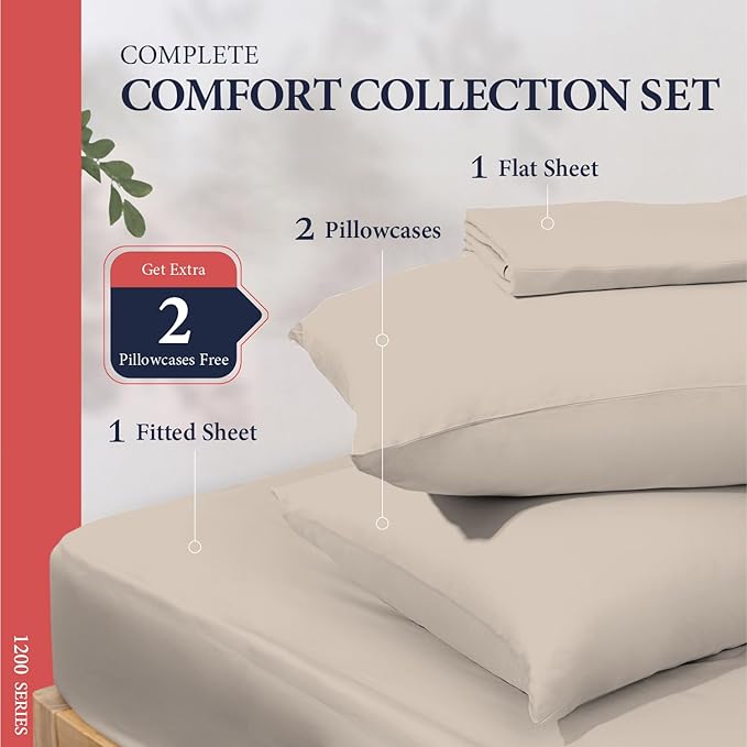 Ashton Sheets 100% Egyptian Cotton Sheets King Size - 1200 Thread Count King Size Sheets Set Egyptian Cotton, 4 PC Luxury Bedsheet (Taupe), Soft, Cooling, 17" Deep Pocket Sateen Weave Bedsheet Set
