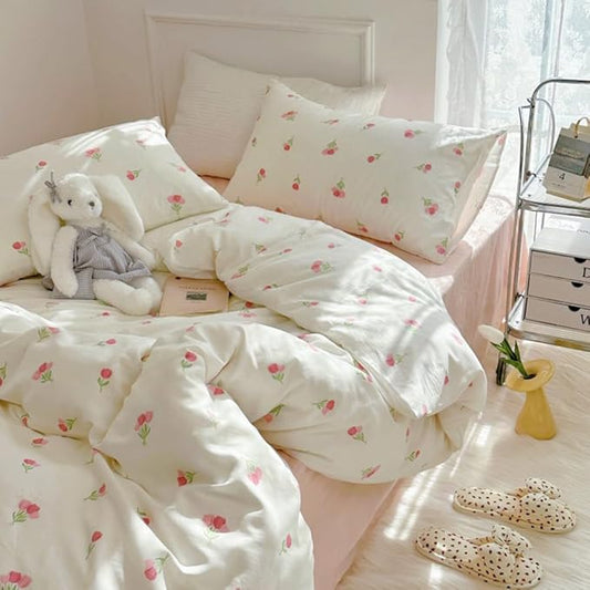 Nayoroom Pink Floral Comforter Set Full Size Coquette Tulip Printed on White Comforter 3 Pieces Kids Girls Soft Cute Dorm Bedding Set for All Seasons (1 Comforter, 2 Pillow Shams)