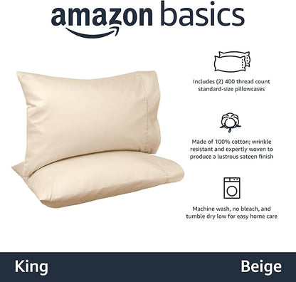 Amazon Basics 400 Thread Count Cotton Pillow Case, King, Set of 2, Beige, 40" L x 20" W, Pillows Not Included