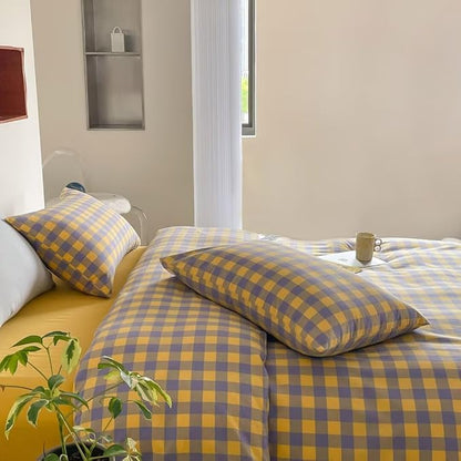 MKXI Purple & Yellow Plaid Duvet Cover Set - 3 Piece Washed Cotton Reversible Bedding King Soft Vintage Checkered Design with Zipper Closure & Corner Ties