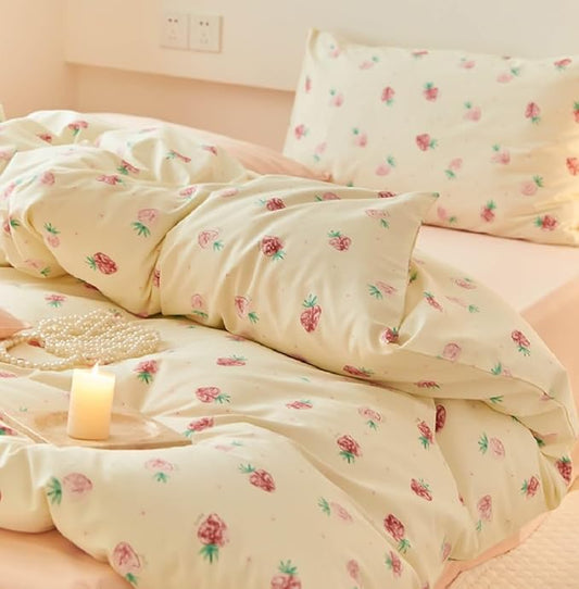 Nayoroom Strawberry Duvet Cover Set Full Size Girls Cute Pink Strawberries Kawaii Comforter Cover 2 Pieces Soft Lightweight Microfiber Cream White Bedding with Zipper Closure