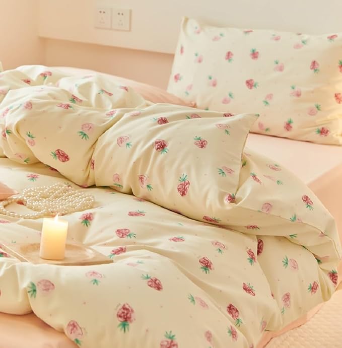 Nayoroom Strawberry Duvet Cover Set Twin Size Girls Cute Pink Strawberries Kawaii Comforter Cover 2 Pieces Soft Lightweight Microfiber Cream White Bedding with Zipper Closure