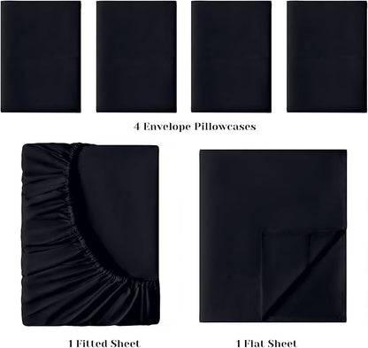 BYSURE 6 Pieces Bed Sheets Set(King, Black) - 1800 Thread Count Super Soft 100% Microfiber Sheets with Deep Pockets, Wrinkle & Fade Resistant Bedding