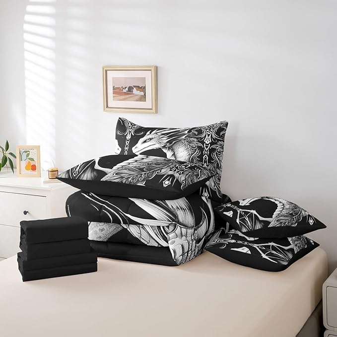 Erosebridal 3D Dragon Bed in a Bag King Size Comforter Set 7 Pieces,Vintage Gothic Black and White Dragon Bedding Sets Antique Wildlife Mythical Animal Sheet Set with Comforter