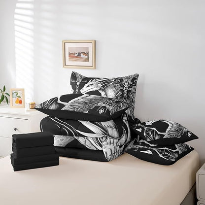 Erosebridal 3D Dragon 7 Piece Comforter Set Full Bed in a Bag,Vintage Gothic Black and White Dragon Bedding Sets Antique Wildlife Mythical Animal Sheet Set with Comforter