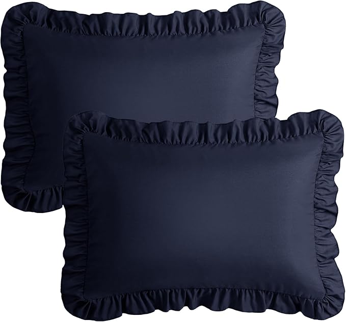 KKJIAF Ruffle Pillow Cases Queen Size Set of 2, Ruffled Pillow Covers with Envelope Closure, Wrinkle Resistant Ruffled Pillow Shams 20" x 30", Navy Blue