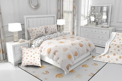 Erosebridal Girls Rainbow Comforter Set Kids Sun and Stars Quilt Queen Children Kawaii Planets Clouds Comforters & Sets Girly Cartoon Theme Bedding Set Iridescent Print Down Comforter + 2 Pillowcases