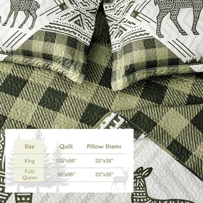 3 Piece Cabin King Size Quilt Sets Farmhouse Rustic Reversible Microfiber Soft Lightweight Bedspread Comforter with 2 Shams Patchwork Country Lodge Bedding Quilts Set for All Season, 106''x96'', Green
