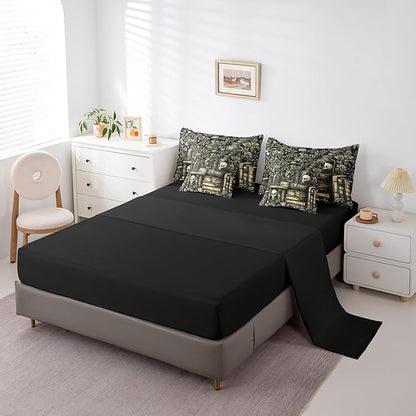 jejeloiu Dark Academia Bedding Set 7Pcs King Size Kids Skull Comforter Set with Sheets for Boys Girls Goth Bed in a Bag Soft Lightweight,Microfiber