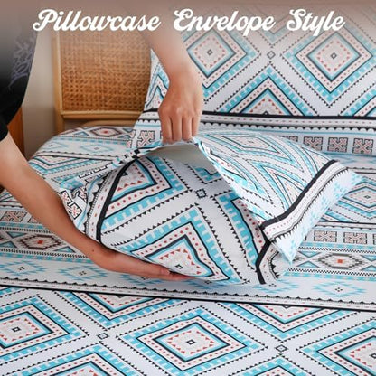 CozySmile 4 Pieces Queen Sheet Set Bohemian, Boho Sheets Soft Microfiber Deep Pocket, Western Sheets Geometric(Queen, Turquoise Geometric)