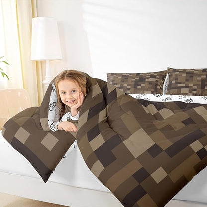 Pixelated Kids Bedding Set King Size,Grid Army Camo Pixel Games Comforter Set，Cartoon Gamepad Video Games Quilt Comforter,Brown Bedroom Duvet Insert,2 Pillowcases