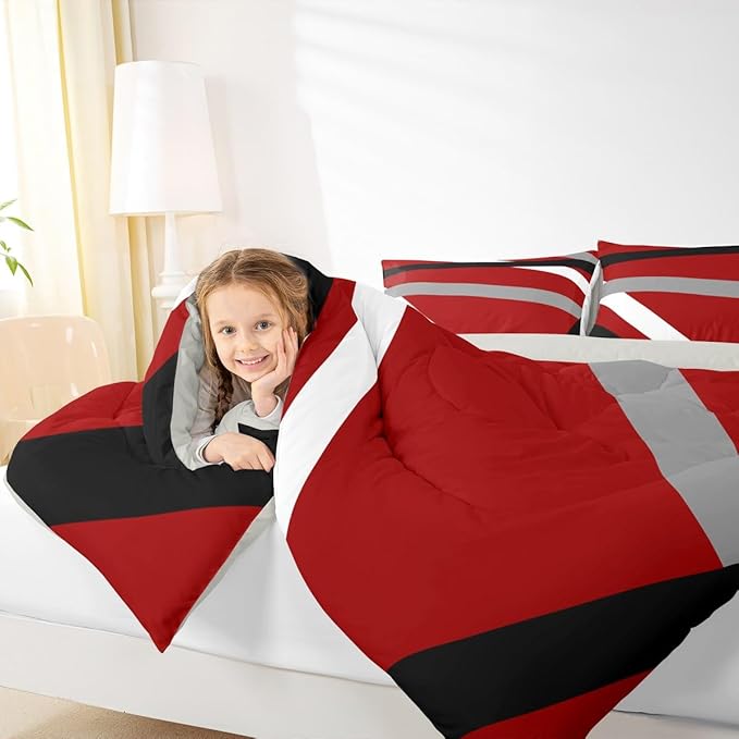 Erosebridal Red Gray Black Striped Twin Bedding Sets for Adult Women Men Modern Abstract Comforter Set Geometric Lines Quilt Duvet Set Aesthetic Boho Bedding Collections