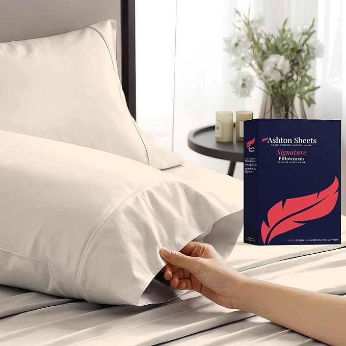 Ashton Sheets 100% Egyptian Cotton Pillow Cases King Size Set of 2 - Luxury 1200 Thread Count Sateen Weave Ivory Pillow Covers, Silky Soft, Breathable & Cooling Pillowcases, Fits King Size Pillows