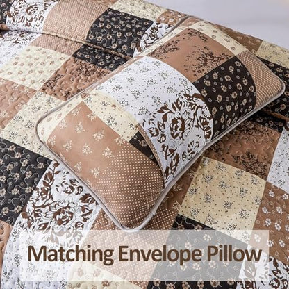 Mybedsoul Brown Quilt Set Full Size, Patchwork Floral Bedding Set