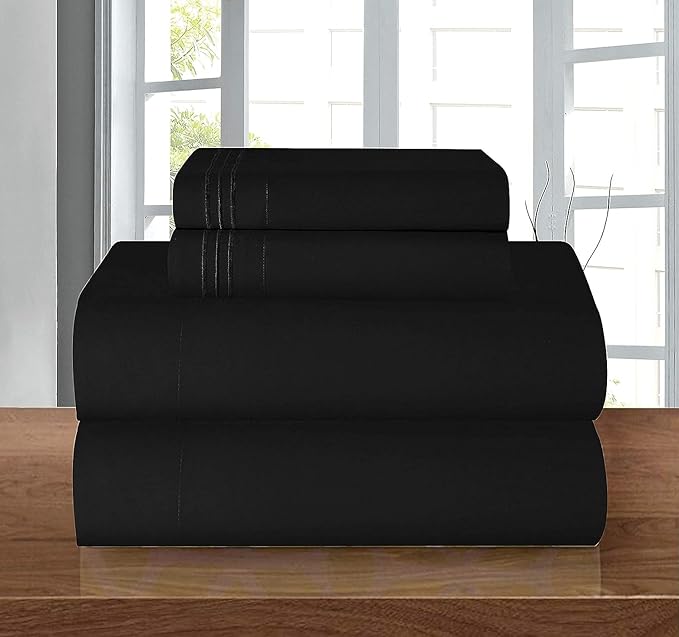 Elegant Comfort Luxury 1500 Premium Hotel Quality Microfiber 4-Piece Sheet Set - Wrinkle Resistant, All Around Elastic Fitted Sheet, Deep Pocket up to 16", RV Short Queen, Black