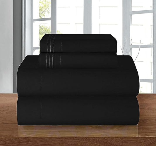 Elegant Comfort Luxury 1500 Premium Hotel Quality Microfiber 4-Piece Sheet Set - Wrinkle Resistant, All Around Elastic Fitted Sheet, Deep Pocket up to 16", RV Short Queen, Black