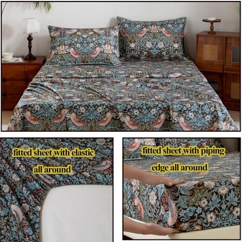 FADFAY Cal King 100% Egyptian Cotton Sheets Set 4 Piece, Luxury Soft Breathable Cooling Bed Sheets, Deep Pocket Hotel Quality Bedding for Hot Sleepers, Botanical Floral Bird Print All Season Comfort