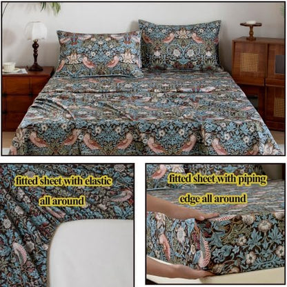 FADFAY Cal King 100% Egyptian Cotton Sheets Set 4 Piece, Luxury Soft Breathable Cooling Bed Sheets, Deep Pocket Hotel Quality Bedding for Hot Sleepers, Botanical Floral Bird Print All Season Comfort