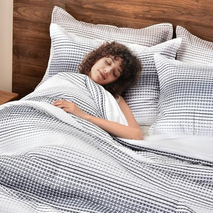 PHF Yarn Dyed Waffle Comforter Set 3 Pieces King, White and Navy Blue
