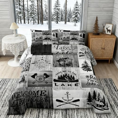 Lake Life Comforter Set Twin Size,Camping Fishing Bedding Set Bear Anchor Pine Print Grid Quilt Set Kids Boys Men Adult Rustic Cabin Room Decor Grey Retro Patchwork Plaid Duvet Insert 2Pcs