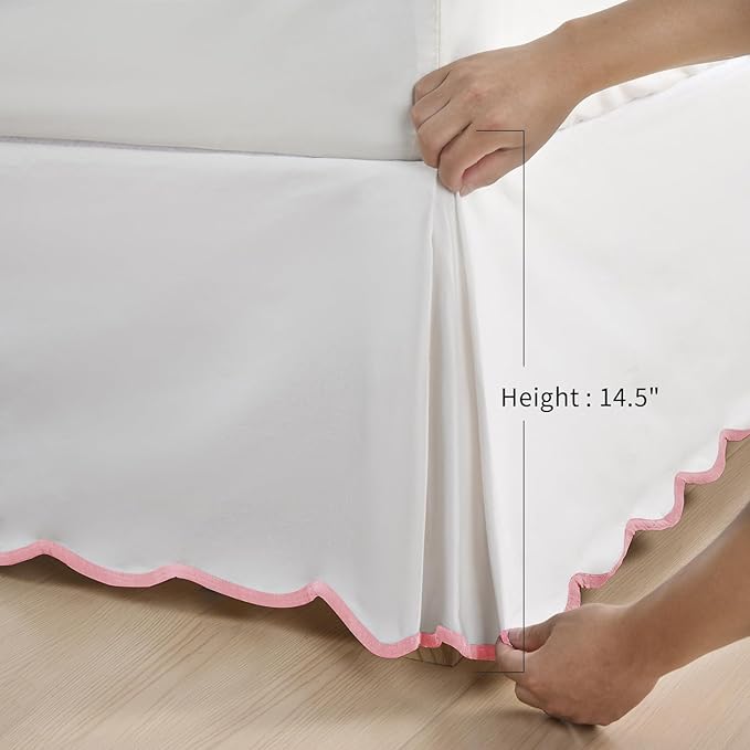HIG Off-White Chic Queen Bed Skirt - Easy Fit Scallop Edge Pleated Bedskirts, 14 Inch Drop Anti-Slip Dust Ruffle, Thick Fabric for Enhanced Privacy, Pre-Washed for Long-Lasting Use(N60022)