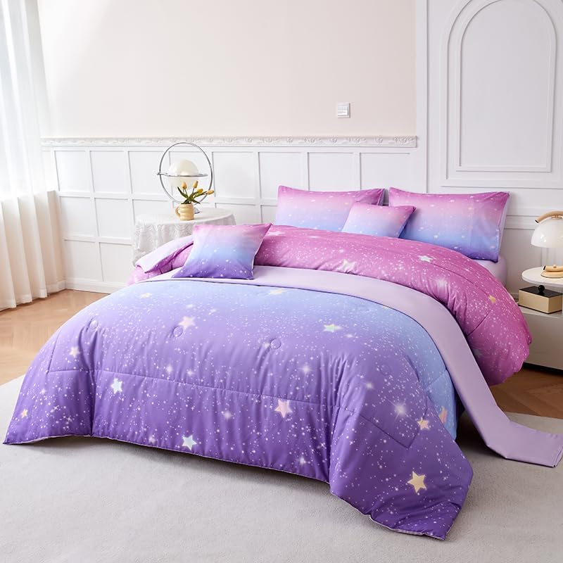 Pink and Purple Comforter Set Queen,Girls Galaxy Comforter Set,Purple Bedding Set Queen,Bed in A Bag Comforter for Children Girls Teen Kids,Bedroom Comforter Decoration Queen 7Pcs